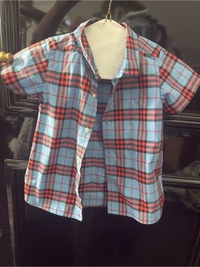 Burberry Blue and Red Plaid Short-Sleeve Button-Down Shirt